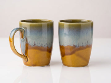 Kath N Clay Premium Ceramic Coffee Mugs Set of 2 | Hand-Glazed Reactive Blue & Amber Ochre Stoneware Tea Cups | Studio Pottery Coffee Mugs for Latte, Cappuccino & Chai | Microwave & Dishwasher Safe Luxury Drinkware