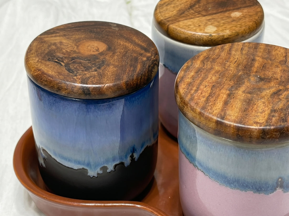 Kath N Clay Premium Ceramic Storage Jars Set of 3 with Wooden Airtight Lids & Ceramic Tray | Tea Coffee Sugar Container Set | Handcrafted Kitchen Canisters for Dry Fruits, Snacks & Spices | Luxury Kitchen Decor