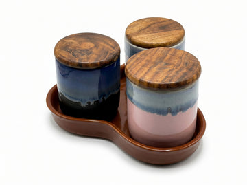 Kath N Clay Premium Ceramic Storage Jars Set of 3 with Wooden Airtight Lids & Ceramic Tray | Tea Coffee Sugar Container Set | Handcrafted Kitchen Canisters for Dry Fruits, Snacks & Spices | Luxury Kitchen Decor