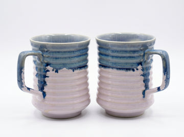 Kath N Clay Premium Ceramic Coffee Mugs Set of 2 | Hand-Glazed Ribbed Pink & Ocean Blue Stoneware Tea Cups | Reactive Drip Glaze Coffee Mugs for Cappuccino, Latte & Tea | Microwave & Dishwasher Safe Luxury Drinkware