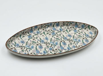 Kath N Clay Premium Large Ceramic Serving Platter (37 cm x 14 cm) | Handcrafted Blue Floral Oval Serving Tray for Snacks, Starters, Main Course & Desserts | Microwave & Dishwasher Safe Stoneware Serveware | Luxury Dining Table Decor