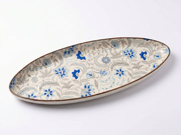 Kath N Clay Premium Hand-Painted Ceramic Serving Platter | Blue Floral Oval Serving Tray for Snacks, Starters, Sushi & Desserts | Microwave & Dishwasher Safe Stoneware Serveware | Luxury Dining & Table Decor