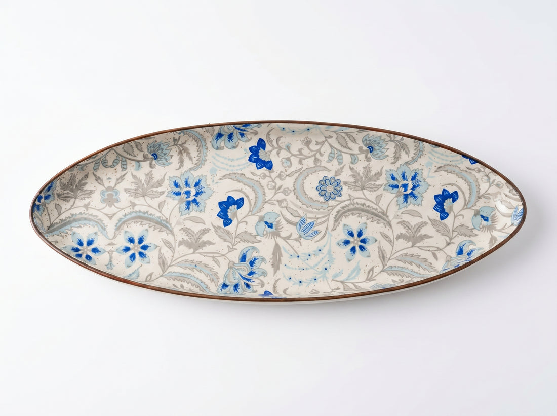 Kath N Clay Premium Hand-Painted Ceramic Serving Platter | Blue Floral Oval Serving Tray for Snacks, Starters, Sushi & Desserts | Microwave & Dishwasher Safe Stoneware Serveware | Luxury Dining & Table Decor