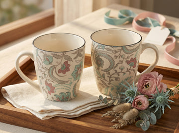 Kath N Clay Premium Ceramic Coffee Mugs Set of 2 | Heritage Sage Green & Rose Floral Stoneware Tea Cups with Fine Black Rim | Microwave & Dishwasher Safe Coffee Mugs for Tea, Latte & Cappuccino | Luxury Drinkware