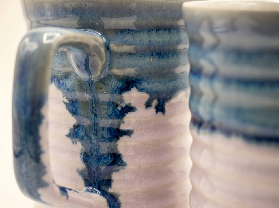 Kath N Clay Premium Ceramic Coffee Mugs Set of 2 | Hand-Glazed Ribbed Pink & Ocean Blue Stoneware Tea Cups | Reactive Drip Glaze Coffee Mugs for Cappuccino, Latte & Tea | Microwave & Dishwasher Safe Luxury Drinkware