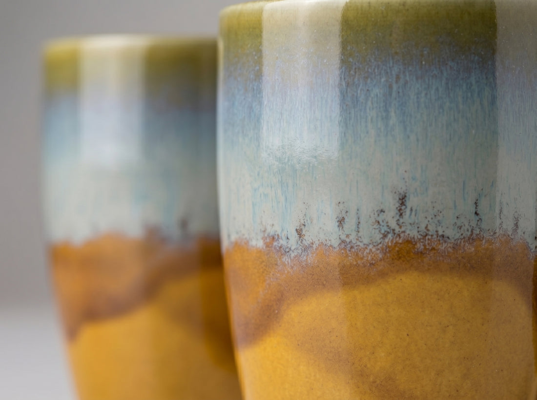 Kath N Clay Premium Ceramic Coffee Mugs Set of 2 | Hand-Glazed Reactive Blue & Amber Ochre Stoneware Tea Cups | Studio Pottery Coffee Mugs for Latte, Cappuccino & Chai | Microwave & Dishwasher Safe Luxury Drinkware