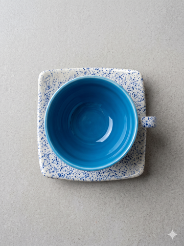 Kath N Clay Premium Ceramic Tea Cups and Saucers Set of 4 | 150 ml Hand-Glazed Blue Speckled Chai Cups with Square Saucers | Stoneware Coffee Cups for Tea, Espresso & Green Tea | Microwave & Dishwasher Safe Luxury Tea Set