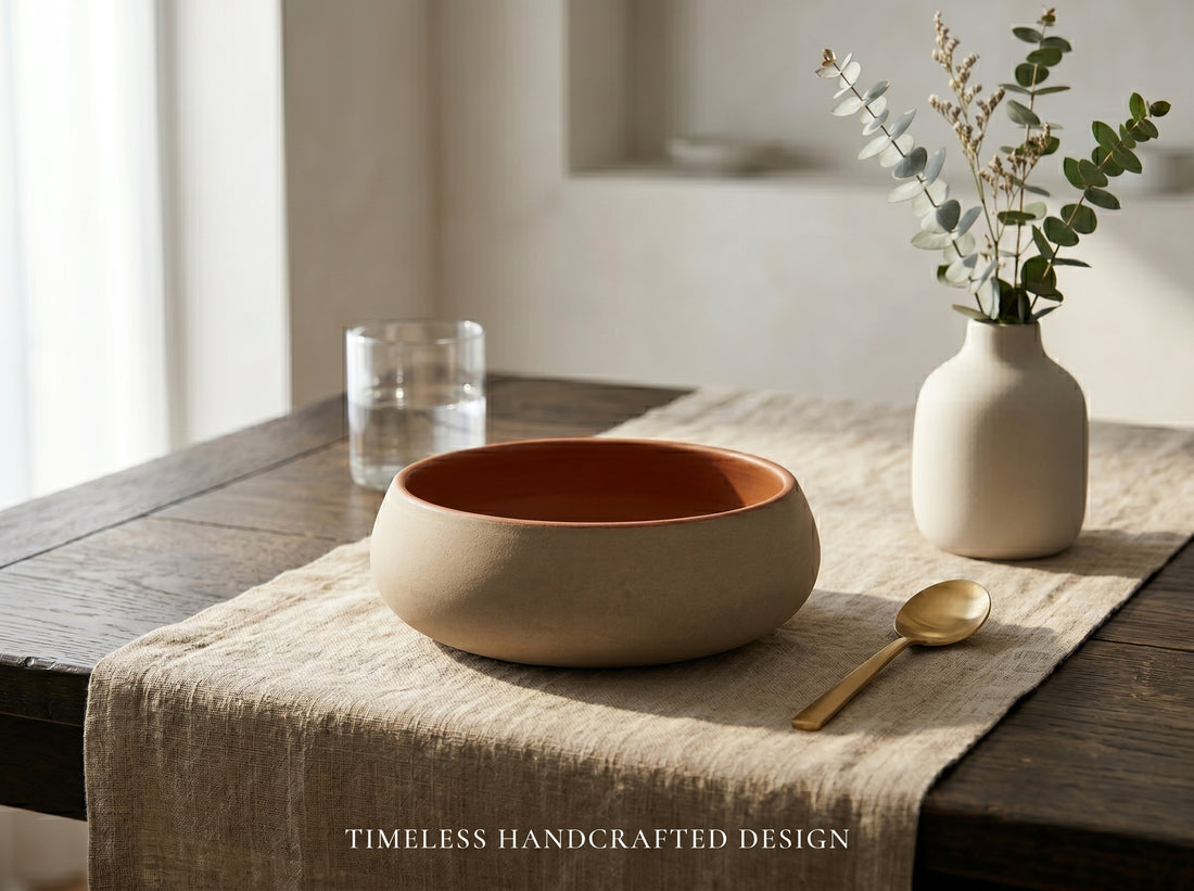 Kath N Clay Premium Ceramic Serving Bowls Set of 2 | Handcrafted Two-Tone Matte Sand & Glossy Terracotta Deep Stoneware Bowls for Soup, Salad, Ramen, Dal, Noodles & Curry | Microwave & Dishwasher Safe