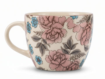 Kath N Clay Premium Ceramic Jumbo Coffee Mug | Vintage Rose & Blue Floral Soup Mug with Handle | Large Stoneware Tea & Coffee Cup | Microwave & Dishwasher Safe | Luxury Ceramic Drinkware (Single Piece)