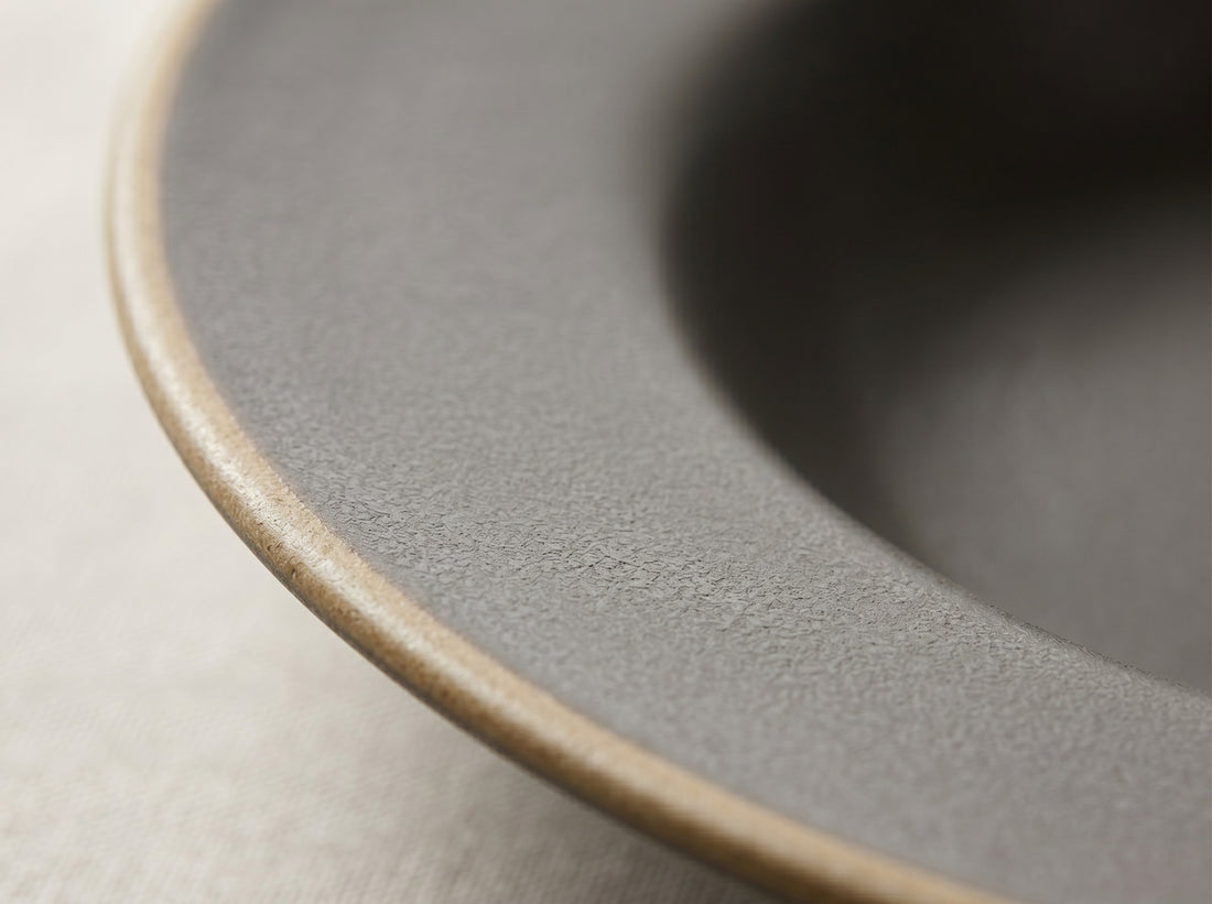 Kath N Clay Premium Ceramic Coupe Dinner Plates (Set of 2) | Handcrafted Matte Grey Stoneware Pasta Plates with Rustic Terracotta Rim | Deep Bowl Plates for Pasta, Risotto, Salad & Main Course | Microwave & Dishwasher Safe