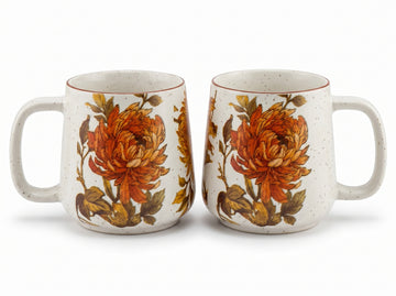Kath N Clay Premium Ceramic Coffee Mugs Set of 2 | Handcrafted Vintage Floral Speckled Tea Cups with Rustic Brown Rim | Stoneware Coffee Mugs for Latte, Cappuccino & Tea | Microwave & Dishwasher Safe | Luxury Drinkware