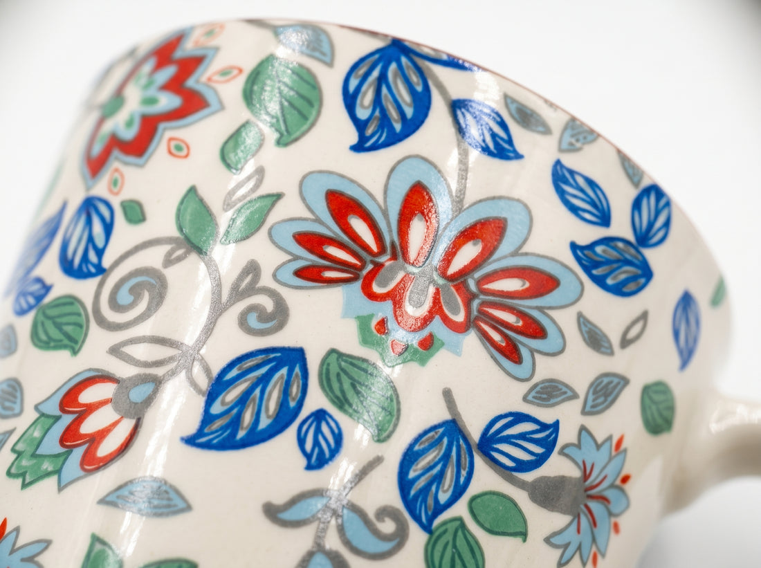 Kath N Clay Premium Ceramic Coffee Mug (Single Piece) | Heritage Floral Stoneware Tea & Coffee Mug with Vintage Botanical Print & Red Rim | Microwave & Dishwasher Safe | Luxury Mug for Coffee, Tea & Hot Chocolate
