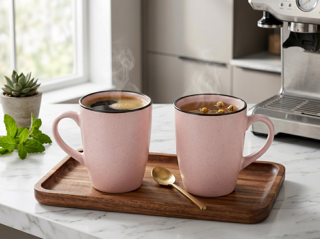 Kath N Clay Premium Ceramic Coffee Mugs Set of 2 | Minimalist Blush Pink Speckled Stoneware Tea Cups with Dark Rim | Microwave & Dishwasher Safe Coffee Mugs for Tea, Latte, Cappuccino & Chai | Luxury Drinkware