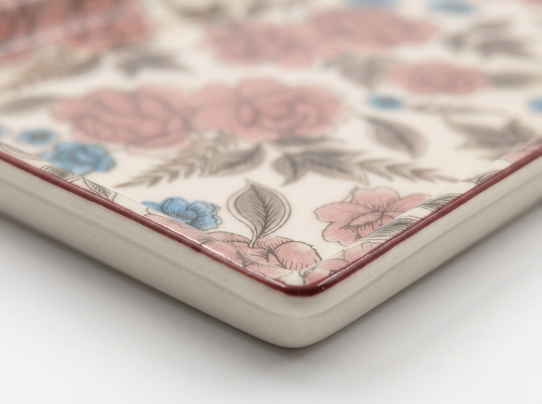 Kath N Clay Premium Ceramic Rectangular Serving Platter | Vintage Rose & Blue Floral Stoneware Serving Tray with Hand-Painted Red Rim | Microwave & Dishwasher Safe | Snack Plate for Appetizers, Sushi, Desserts & Serving