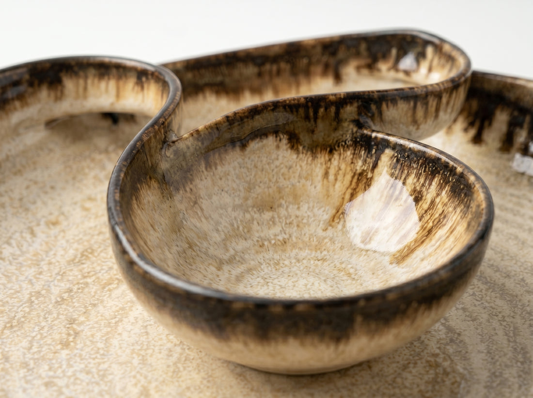Kath N Clay Premium Ceramic Serving Platter with Dip Bowls | 11 Inch Snack & Appetizer Serving Tray | Chip and Dip Platter for Nachos, Dry Fruits, Fruits, Starters & Party Serving | Microwave & Dishwasher Safe