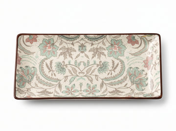 Kath N Clay Premium Ceramic Rectangular Serving Platter | Heritage Floral Stoneware Serving Tray with Hand-Painted Brown Rim | Microwave & Dishwasher Safe | Snack Plate for Appetizers, Starters, Sushi, Desserts & Serving