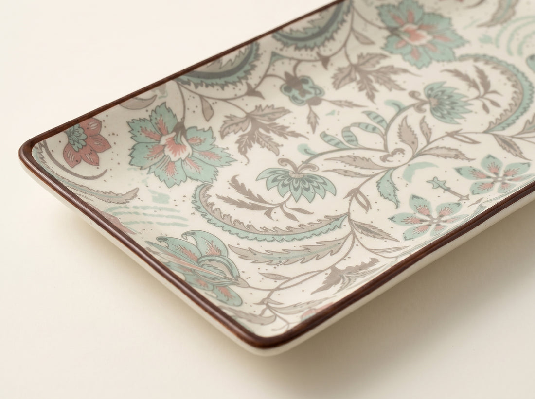 Kath N Clay Premium Ceramic Rectangular Serving Platter | Heritage Floral Stoneware Serving Tray with Hand-Painted Brown Rim | Microwave & Dishwasher Safe | Snack Plate for Appetizers, Starters, Sushi, Desserts & Serving