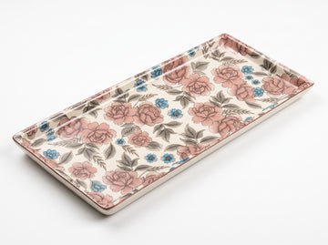 Kath N Clay Premium Ceramic Rectangular Serving Platter | Vintage Rose & Blue Floral Stoneware Serving Tray with Hand-Painted Red Rim | Microwave & Dishwasher Safe | Snack Plate for Appetizers, Sushi, Desserts & Serving