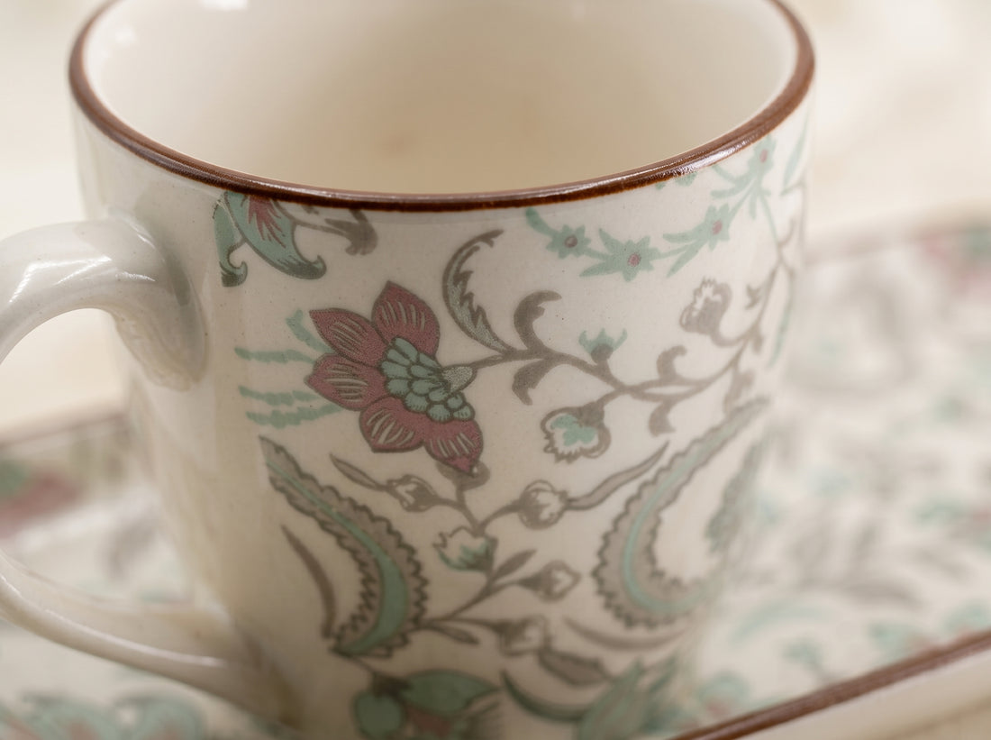 Kath N Clay Premium Ceramic Morning Set for Couples (3-Piece) | 2 Heritage Floral Coffee Mugs with Matching Rectangular Serving Tray | Stoneware Breakfast Set | Microwave & Dishwasher Safe | Luxury Gift Set for Wedding, Anniversary & Housewarming